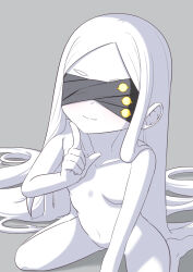 Rule 34 | 1girl, absurdly long hair, black blindfold, blindfold, blue archive, blush, breasts, closed mouth, colored skin, completely nude, covered eyes, grey background, highres, long hair, nude, ohr (blue archive), patotyan, sitting, small breasts, smile, solo, thick eyebrows, very long hair, wariza, white skin
