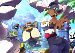 Rule 34 | 1girl, arms (game), ass, bare shoulders, barq, breasts, byte (arms), character request, dark skin, drill hair, earrings, green eyes, jewelry, kid cobra, kiwa (pokemonwars), lips, long hair, looking at viewer, mask, medium breasts, pink hair, smile, thick thighs, thighs, twin drills, twintelle (arms), very long hair