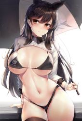 Rule 34 | 1girl, 2019, alternate costume, animal ears, arm support, atago (azur lane), atago (stunning speedster) (azur lane), azur lane, bikini, black bikini, black hair, black thighhighs, blush, breasts, brown eyes, cleavage, closed mouth, curvy, extra ears, gluteal fold, grey background, hair ribbon, highleg, highleg bikini, highres, holding, holding umbrella, jacket, large breasts, leaning, logo, long hair, looking at viewer, mole, mole under eye, motokonut, navel, parted lips, race queen, ribbon, shrug (clothing), sidelocks, simple background, skindentation, sleeve cuffs, solo, swept bangs, swimsuit, thighhighs, thighs, umbrella, white ribbon, wrist cuffs