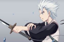 Rule 34 | 1boy, bleach, crystal, green eyes, grey background, hand on own arm, haori, hitsugaya toushirou, holding, holding sword, holding weapon, japanese clothes, long sleeves, male focus, open mouth, shizupu, spiked hair, sword, weapon, white hair