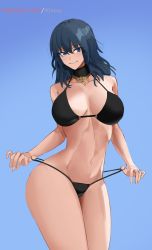 Rule 34 | 1girl, artist name, bikini, bikini pull, black bikini, blue background, blue eyes, blue hair, breasts, byleth (female) (fire emblem), byleth (fire emblem), clothes pull, collarbone, fire emblem, fire emblem: three houses, highres, kisou (kisou00), large breasts, long hair, looking at viewer, navel, nintendo, smile, solo, stomach, swimsuit, thick thighs, thighs, watermark, web address
