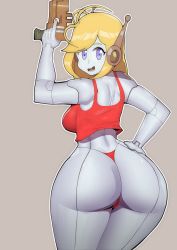 Rule 34 | 1girl, absurdres, android, ass, back, blue eyes, breasts, crop top, curly brace, doublehero, doukutsu monogatari, grey background, gun, hand on own hip, highres, holding, holding gun, holding weapon, huge ass, large breasts, long hair, looking at viewer, looking back, panties, red panties, red shirt, shirt, smile, solo, thick thighs, thighs, thong, underwear, weapon, wide hips