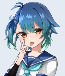 Rule 34 | 1girl, akanbe, arm warmers, bad id, bad twitter id, blue hair, blue neckerchief, blue sailor collar, brown eyes, commentary request, eyelid pull, finger to eye, fukae (kancolle), gradient hair, grey background, hair ornament, hairclip, highres, kantai collection, katsuobushi (eba games), looking at viewer, multicolored hair, neckerchief, sailor collar, school uniform, serafuku, short hair, side ponytail, sidelocks, simple background, single arm warmer, solo, tongue, tongue out, upper body