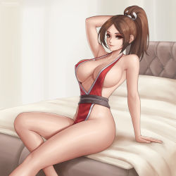 Rule 34 | 1girl, arm behind head, arm support, armpits, bare shoulders, breasts, brown eyes, brown hair, collarbone, fatal fury, flowerxl, large breasts, light smile, long legs, no bra, on bed, parted bangs, ponytail, shiranui mai, sideboob, sitting, smile, solo, the king of fighters, thighs