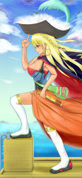 Rule 34 | 00s, 1girl, aged up, blonde hair, blue eyes, boots, braid, breasts, cape, chat (tales), cleavage, dark skin, earrings, hair ornament, hat, highres, jewelry, long hair, quickie (tales), tales of (series), tales of eternia, thigh boots, thighhighs
