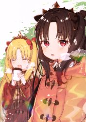 Rule 34 | 2girls, :d, :o, ^ ^, black bow, blonde hair, blush, bow, breath, brown coat, brown hair, closed eyes, coat, cup, disposable cup, ereshkigal (fate), fate/grand order, fate (series), fingernails, fringe trim, hair bow, hands up, highres, holding, holding cup, ishtar (fate), long hair, long sleeves, multiple girls, open mouth, parted bangs, parted lips, plaid, plaid scarf, red bow, red coat, red eyes, round teeth, scarf, signature, smile, sofra, teeth, tiara, two side up, upper teeth only, white background