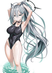 Rule 34 | 1girl, animal ear fluff, animal ears, armpits, black choker, black one-piece swimsuit, blue archive, blue eyes, breasts, choker, competition swimsuit, covered navel, cross hair ornament, extra ears, grey hair, hair between eyes, hair ornament, halo, highleg, highleg swimsuit, highres, kumamiya, large breasts, long hair, looking at viewer, one-piece swimsuit, ponytail, shiroko (blue archive), shiroko terror (blue archive), solo, swimsuit, thighs, wolf ears