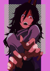Rule 34 | 1girl, black hair, chainsaw man, grey sweater, hair between eyes, horns, long (chainsaw man), long hair, open mouth, red eyes, red horns, solo, sugimi (87021953), sweater