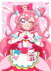 Rule 34 | 1girl, :q, apron, back bow, bow, brooch, choker, closed mouth, commentary, cone hair bun, cure precious, delicious party precure, double bun, dress, earrings, fox, gloves, hair bow, hair bun, hairband, heart, heart brooch, highres, jewelry, kome-kome (precure), kuromitsu (963kuromi), large bow, light particles, long hair, looking at viewer, magical girl, nagomi yui, off-shoulder dress, off shoulder, own hands together, pink dress, pink hair, precure, purple eyes, red bow, red choker, red hairband, red ribbon, ribbon, smile, solo, standing, tongue, tongue out, very long hair, waist apron, white gloves