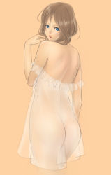Rule 34 | 1girl, ass, back, bad id, bad pixiv id, bare shoulders, blue eyes, brown hair, chemise, hayama kazusa, lingerie, long hair, looking back, no bra, no panties, off shoulder, see-through, simple background, solo, underwear