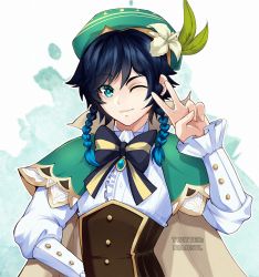 Rule 34 | 1boy, androgynous, beret, black hair, blue hair, bow, braid, brooch, cape, closed mouth, collared cape, collared shirt, corset, flower, frilled sleeves, frills, gem, genshin impact, gradient hair, green eyes, green hat, hat, hat flower, jewelry, justsyl, leaf, long sleeves, looking at viewer, male focus, multicolored hair, one eye closed, shirt, short hair with long locks, simple background, smile, solo, twin braids, v, venti (genshin impact), white flower, white shirt