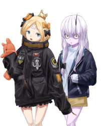 Rule 34 | 2girls, abigail williams (fate), abigail williams (traveling outfit) (fate), alternate costume, black bow, black jacket, blonde hair, blue eyes, bow, brown shorts, commentary request, cowboy shot, fate/grand order, fate (series), hair bow, hair bun, head tilt, heroic spirit traveling outfit, horns, jacket, key, lavinia whateley (fate), long hair, long sleeves, looking at viewer, multiple girls, hugging object, official alternate costume, open clothes, open jacket, open mouth, orange bow, parted bangs, parted lips, polka dot, polka dot bow, red eyes, shirt, short shorts, shorts, silver hair, simple background, single hair bun, single horn, sleeves past fingers, sleeves past wrists, standing, star (symbol), stuffed animal, stuffed toy, tamayume, teddy bear, white background, white shirt, wide-eyed