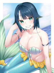 Rule 34 | 1girl, awono nanaumi, bikini, blue hair, blue sky, blue tail, breasts, cleavage, cloud, collarbone, commentary request, day, fukami nana (awono nanaumi), green eyes, hair flaps, highres, large breasts, looking at viewer, mermaid, monster girl, ocean, original, outdoors, short hair, sky, smile, solo, swimsuit, teeth
