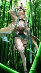 Rule 34 | 1girl, absurdres, aqua eyes, arm up, bamboo, bamboo forest, black gloves, black hairband, blonde hair, breasts, chest sarashi, cleavage, closed mouth, dappled sunlight, fingerless gloves, foot out of frame, forest, geta, gloves, gold choker, gold trim, green skirt, hairband, haori, highres, holding, holding sheath, holding sword, holding weapon, hololive, japanese clothes, katana, kazama iroha, leg up, looking at viewer, miniskirt, nature, pleated skirt, sarashi, sheath, short ponytail, skindentation, skirt, small breasts, solo, standing, standing on one leg, sunlight, sword, thigh strap, thighhighs, toi1et paper, unsheathing, virtual youtuber, weapon, white thighhighs, wide sleeves, zettai ryouiki