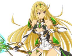 Rule 34 | 1girl, aegis sword (xenoblade), bare legs, bare shoulders, blonde hair, breasts, chest jewel, cleavage, cleavage cutout, clothing cutout, dress, earrings, elbow gloves, gem, gloves, headpiece, highres, jewelry, large breasts, long hair, mythra (xenoblade), short dress, sofusan1526, solo, swept bangs, thigh strap, tiara, very long hair, white dress, white gloves, xenoblade chronicles (series), xenoblade chronicles 2, yellow eyes