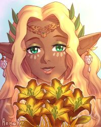 Rule 34 | 1girl, artist name, asma art, blonde hair, bouquet, commentary, earrings, english commentary, facial mark, flower, highres, jewelry, long hair, nintendo, parted lips, pointy ears, solo, sonia (zelda), the legend of zelda, the legend of zelda: tears of the kingdom, toned female