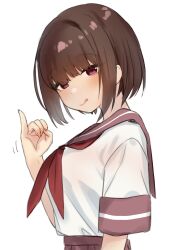 Rule 34 | 1girl, :q, blunt bangs, blush, bob cut, brown hair, commentary request, highres, looking at viewer, neckerchief, original, pinky out, red eyes, red neckerchief, red sailor collar, red skirt, sailor collar, sakieko, school uniform, serafuku, short hair, short sleeves, simple background, skirt, solo, tongue, tongue out, upper body, white background