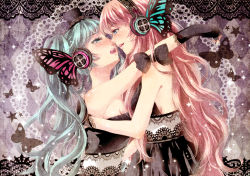 Rule 34 | 2girls, aqua eyes, aqua hair, blush, butterfly hair ornament, butterfly wings, doily, dress, face-to-face, fingerless gloves, gloves, hair ornament, hat, hatsune miku, headphones, headset, hug, imminent kiss, insect wings, long hair, magnet (vocaloid), megurine luka, mini hat, mini top hat, multiple girls, pink hair, smile, top hat, tottsuan, twintails, vocaloid, wings, yuri