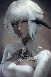 Rule 34 | 1girl, artist name, au ra, breasts, chuby mi, cleavage, cleavage cutout, closed mouth, clothing cutout, dark skin, dark-skinned female, dragon horns, dress, final fantasy, final fantasy xiv, highres, horns, lips, looking at viewer, scales, short hair, grey eyes, solo, upper body, white dress, white hair