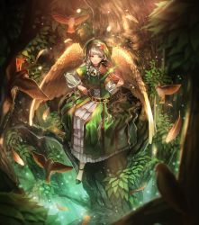 Rule 34 | 1girl, absurdres, bad id, bad twitter id, bell, neck bell, belt, bird, blurry, blush, bow (music), braid, brown eyes, brown hair, collar, depth of field, dress, flower, full body, green dress, green footwear, highres, holding, in tree, instrument, light particles, long hair, long sleeves, music, original, outdoors, parted lips, playing instrument, ryota (ry o ta), shoes, sitting, smile, solo, tree, twin braids, veil, very long hair, violin, wings