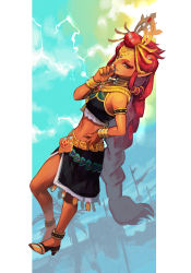 Rule 34 | 1girl, anklet, armband, bare legs, black skirt, blue lips, blue nails, bracelet, braid, breasts, circlet, crop top, crown, dark skin, dark-skinned female, dutch angle, electricity, full body, gerudo, gold trim, green eyes, hair ornament, hair rings, hand on own hip, hand on own chin, high heels, hungry clicker, jewelry, lipstick, long hair, looking at viewer, makeup, nail polish, nintendo, pendant, pointy ears, red hair, riju, skirt, sleeveless, small breasts, solo, the legend of zelda, the legend of zelda: breath of the wild, thick eyebrows, thighs