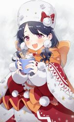 Rule 34 | 1girl, absurdres, black hair, blush, capelet, commentary request, cup, drink, fangs, fukumaru koito, hair over shoulder, hat, highres, idolmaster, idolmaster shiny colors, idolmaster shiny colors song for prism, kunikune, long sleeves, low twintails, mug, open mouth, purple eyes, skin fangs, solo, swept bangs, twintails, upper body