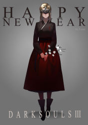 Rule 34 | 1girl, artist name, bad id, bad pixiv id, black footwear, black shirt, blonde hair, closed mouth, commentary request, copyright name, covered eyes, dark souls (series), dark souls iii, english text, facing viewer, fire keeper, flower, grey background, hanbok, happy new year, highres, holding, korean clothes, loncspace, long skirt, long sleeves, looking at viewer, mask, new year, pantyhose, red pantyhose, red skirt, shirt, simple background, skirt, solo, standing