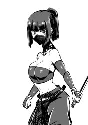 Rule 34 | 1girl, absurdres, armor, bad id, bad pixiv id, bare shoulders, breasts, cleavage, covered mouth, cowboy shot, greyscale, highres, japanese armor, kote, large breasts, looking at viewer, medium hair, megao 3rd, midriff, monochrome, navel, ninja, ninjatou, original, ponytail, reverse grip, scarf, scarf over mouth, short sword, solo, stomach, strapless, sword, tagme, tube top, weapon
