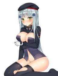 Rule 34 | 1girl, arm under breasts, bad id, bad pixiv id, beret, black hat, black thighhighs, blush, bottomless, breast hold, breasts, canape (canape0130), cleavage, commentary, facial mark, girls&#039; frontline, gloves, green eyes, groin, hair ornament, hat, hk416 (girls&#039; frontline), jacket, long hair, long sleeves, looking at viewer, medium breasts, navel, nose blush, parted lips, purple jacket, silver hair, simple background, sitting, solo, thighhighs, torn clothes, torn thighhighs, very long hair, wariza, white background, white gloves