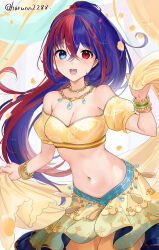 Rule 34 | 1girl, :d, alear (female) (fire emblem), alear (fire emblem), alternate costume, bare shoulders, belly chain, blue eyes, blue hair, bracelet, breasts, commentary, cowboy shot, crop top, fire emblem, fire emblem engage, haru (nakajou-28), heterochromia, highres, jewelry, long hair, looking at viewer, medium breasts, midriff, multicolored hair, navel, necklace, nintendo, off-shoulder shirt, off shoulder, official alternate hairstyle, open mouth, puffy short sleeves, puffy sleeves, red eyes, red hair, shirt, short sleeves, skirt, smile, solo, split-color hair, standing, stomach, streaked hair, very long hair, yellow shirt, yellow skirt