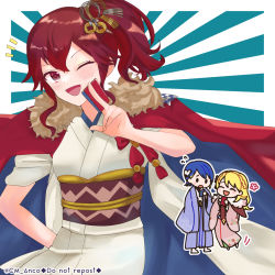 Rule 34 | 1boy, 2girls, alfonse (fire emblem), anna (fire emblem), blonde hair, blue hair, blush, cm anco, fire emblem, fire emblem heroes, hair ornament, jacket, jacket on shoulders, japanese clothes, kimono, looking at viewer, multiple girls, nintendo, official alternate costume, one eye closed, open mouth, ponytail, red eyes, red hair, sharena (fire emblem), side ponytail, twitter username