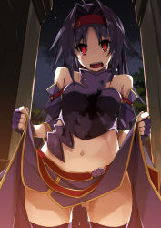 Rule 34 | 10s, 1girl, armor, blush, clothes lift, gloves, headband, highres, looking at viewer, navel, night, partially visible vulva, purple armor, purple hair, pussy juice, red eyes, saliva, shikei, skirt, skirt lift, sky, solo, star (sky), starry sky, sword art online, tears, teeth, thighhighs, thighs, yuuki (sao)