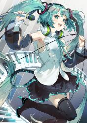 Rule 34 | 1girl, :d, absurdres, armpit peek, bare shoulders, belt, black skirt, black sleeves, black thighhighs, blue eyes, blue hair, blue ribbon, blush, boots, collared shirt, detached sleeves, floating, floating hair, foot out of frame, from side, hair ornament, hatsune miku, headphones, headphones around neck, high heels, highres, holding, holding microphone, knee up, long hair, long sleeves, looking at viewer, loose belt, microphone, miniskirt, neck ribbon, nik ibi, open mouth, piano keys, pink pupils, pleated skirt, ribbon, shirt, sidelocks, skirt, sleeveless, sleeveless shirt, smile, solo, teeth, thigh boots, thighhighs, twintails, upper teeth only, very long hair, vocaloid, white shirt