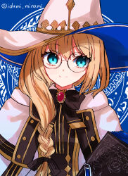 Rule 34 | 1girl, blonde hair, blue eyes, book, bow, bowtie, braid, commentary request, fate/grand order, fate (series), glasses, hair between eyes, hat, highres, izumi minami, long hair, smile, solo, aesc (fate), twitter username, upper body, watermark, witch hat