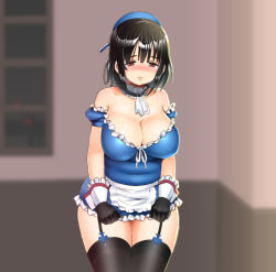 Rule 34 | 10s, 1girl, bare shoulders, black gloves, black hair, black thighhighs, blush, breasts, cleavage, detached collar, garter straps, gloves, hat, kantai collection, large breasts, looking at viewer, otoi rekomaru, personification, red eyes, short hair, solo, takao (kancolle), thighhighs, wrist cuffs, zettai ryouiki