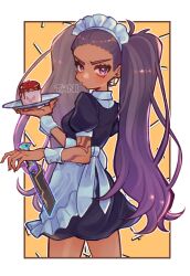 Rule 34 | 1girl, 3bai kaiouken, absurdres, alternate costume, animification, apron, artist name, black dress, black hair, border, breasts, cupcake, dark-skinned female, dark skin, dress, earrings, enmaided, food, from behind, gradient hair, hair behind ear, highres, holding, holding knife, holding plate, hoop earrings, jewelry, knife, maid, maid apron, maid headdress, medium breasts, multicolored hair, outside border, plate, purple eyes, purple hair, reyna (valorant), solo, twintails, v-shaped eyebrows, valorant, white border, yellow background