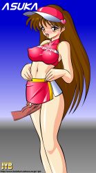 Rule 34 | 1girl, artist name, blush, breasts, brown eyes, brown hair, character name, clothes writing, feet out of frame, future gpx cyber formula, gradient background, highres, jyb unknown, long hair, male hand, medium breasts, microskirt, midriff, race queen, red shirt, red skirt, revealing clothes, shirt, side slit, simple background, skirt, sleeveless, sleeveless shirt, standing, sugou asuka, sweat, tongue, tongue out, very long hair, visor cap, watermark, web address