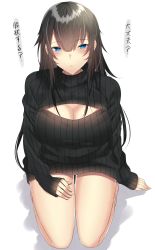 Rule 34 | 1girl, arm at side, bare legs, black hair, blue eyes, breasts, cleavage, cleavage cutout, clothing cutout, collarbone, commentary, daijoubu? oppai momu?, dress, expressionless, fingernails, full body, hair between eyes, half-closed eyes, hand on lap, highres, large breasts, long fingernails, long hair, looking at viewer, meme attire, naked sweater, no bra, onineko-chan, open-chest sweater, original, parted lips, ribbed sweater, seiza, simple background, sitting, sleeves past wrists, solo, sweater, sweater dress, thigh gap, translated, tsurime, turtleneck, turtleneck sweater, white background