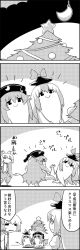 Rule 34 | 4koma, = =, bauble, bow, christmas ornaments, christmas tree, comic, commentary request, crescent, fujiwara no mokou, greyscale, hair between eyes, hair bow, hanging, hat, hat bow, highres, junko (touhou), kamishirasawa keine, long hair, monochrome, multicolored hair, pants, patch, pom pom (clothes), shaded face, shirt, smile, star (symbol), streaked hair, string, suspenders, tani takeshi, touhou, translation request, two-tone hair, very long hair, yukkuri shiteitte ne