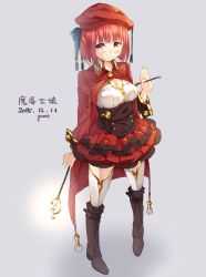 Rule 34 | 1girl, 2015, boots, breasts, cleavage, dated, garnet, hat, highres, knee boots, original, red eyes, red hair, solo, thighhighs