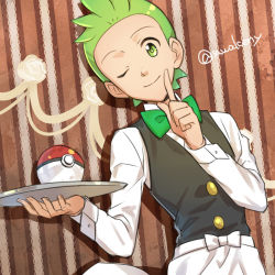 Rule 34 | 1boy, ;), apron, black vest, bow, bowtie, cilan (pokemon), closed mouth, commentary request, creatures (company), game freak, green bow, green bowtie, green eyes, green hair, hand up, holding, holding tray, index finger raised, kanimaru, looking at viewer, male focus, nintendo, no sclera, one eye closed, poke ball, poke ball (basic), pokemon, pokemon (anime), pokemon bw (anime), short hair, smile, solo, traditional bowtie, tray, vest, waist apron