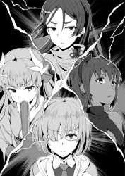Rule 34 | 4girls, bare shoulders, black dress, black hairband, center opening, dark-skinned female, dark skin, dragon girl, dragon horns, dress, fate/grand order, fate/prototype, fate/prototype: fragments of blue and silver, fate (series), glasses, greyscale, hair over one eye, hairband, hand fan, hassan of serenity (fate), horns, jacket, japanese clothes, kiyohime (fate), long hair, mash kyrielight, mask, unworn mask, minamoto no raikou (fate), monochrome, multiple girls, necktie, oumi (rsag), parted bangs, sash, short hair, very long hair