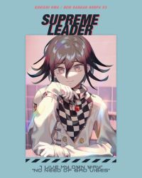 Rule 34 | 1boy, buttons, candy, character name, checkered clothes, checkered neckwear, checkered scarf, copyright name, danganronpa (series), danganronpa v3: killing harmony, double-breasted, english text, food, gloves, grey jacket, hair between eyes, highres, holding, holding candy, holding food, holding lollipop, jacket, lemontea, lollipop, long sleeves, looking at viewer, oma kokichi, scarf, smile, solo, straitjacket, upper body, white gloves, white jacket
