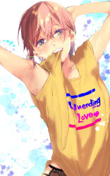 Rule 34 | 1girl, arm behind head, armpits, arms up, black panties, blue eyes, blush, clenched teeth, clothes pull, collarbone, earrings, go-toubun no hanayome, highres, jewelry, lace, lace panties, looking at viewer, mouth pull, multi-strapped panties, nakano ichika, nununu (nununu386), panties, pantyshot, pink hair, pulling own clothes, shirt, shirt pull, short hair, single earring, solo, teeth, underwear, yellow shirt