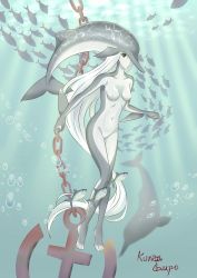 Rule 34 | 1girl, anchor, barefoot, bubble, chain, colored skin, dolphin, fish, grey skin, highres, legs together, light rays, long hair, looking at viewer, mermaid, monster girl, nipples, nude, original, pussy, skirt, submerged, sunbeam, sunlight, white hair, white skirt