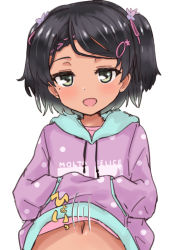 Rule 34 | 1girl, black hair, blush, clothes lift, clothes writing, green eyes, hair ribbon, hands in pockets, hood, hood down, hoodie, hoodie lift, junes, kantai collection, lifting own clothes, long sleeves, looking at viewer, mole, mole under eye, official alternate costume, open mouth, out-of-frame censoring, purple hoodie, ribbon, scirocco (kancolle), short hair, simple background, solo, upper body, white background