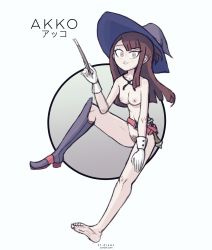 Rule 34 | 10s, 1girl, breasts, brown hair, cufflinks, gloves, hat, highres, kagari atsuko, ktdraws, little witch academia, looking at viewer, pubic hair, purple eyes, pussy, wand, witch hat