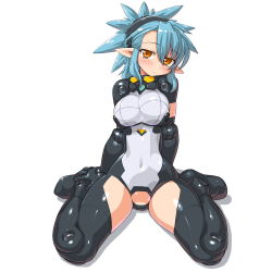 Rule 34 | 10s, 1girl, bad id, bad pixiv id, blue hair, breasts, busou shinki, dd (ijigendd), doll joints, elbow gloves, gloves, joints, large breasts, long hair, looking at viewer, orange eyes, pointy ears, proxima, short hair, simple background, sitting, solo, wariza