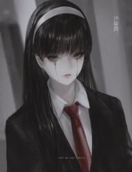 1girl aoi_ogata artist_name black_hair black_jacket clip_studio_paint_(medium) closed_mouth collared_shirt crying crying_with_eyes_open grey_eyes hairband highres jacket kawakami_tomie long_hair looking_at_viewer necktie red_necktie shirt solo tears tomie translation_request upper_body white_hairband white_shirt