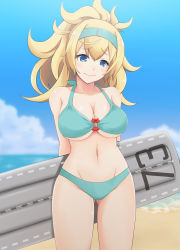 Rule 34 | 1girl, alternate costume, alternate hairstyle, arms behind back, awkward, bare shoulders, beach, bikini, blonde hair, blue bikini, blue eyes, blue hairband, blue sky, blurry, blurry background, blush, breasts, cleavage, cloud, collarbone, cowboy shot, day, enemy lifebuoy (kancolle), flight deck, floatie, gambier bay (kancolle), gluteal fold, groin, hair between eyes, hairband, highres, holding, kantai collection, kodama (user rnfr3534), large breasts, long hair, looking at breasts, messy hair, navel, o-ring, o-ring top, outdoors, ponytail, sand, sky, solo, stomach, swimsuit, thighs